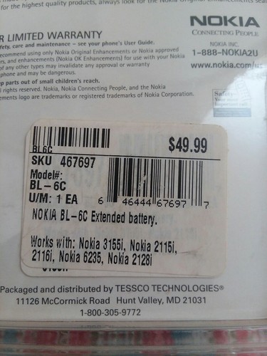 Vintage Nokia Cell Phone Battery BL- 6C Not Tested NIP