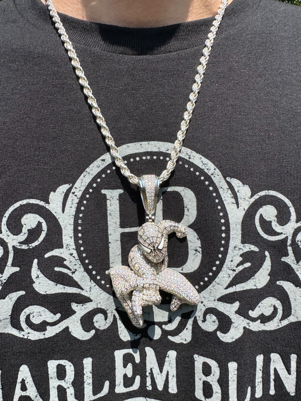 Pre-owned Harlembling Moissanite Real 925 Silver/14k Gold Plated Large Iced Spiderman Pendant Necklace In White