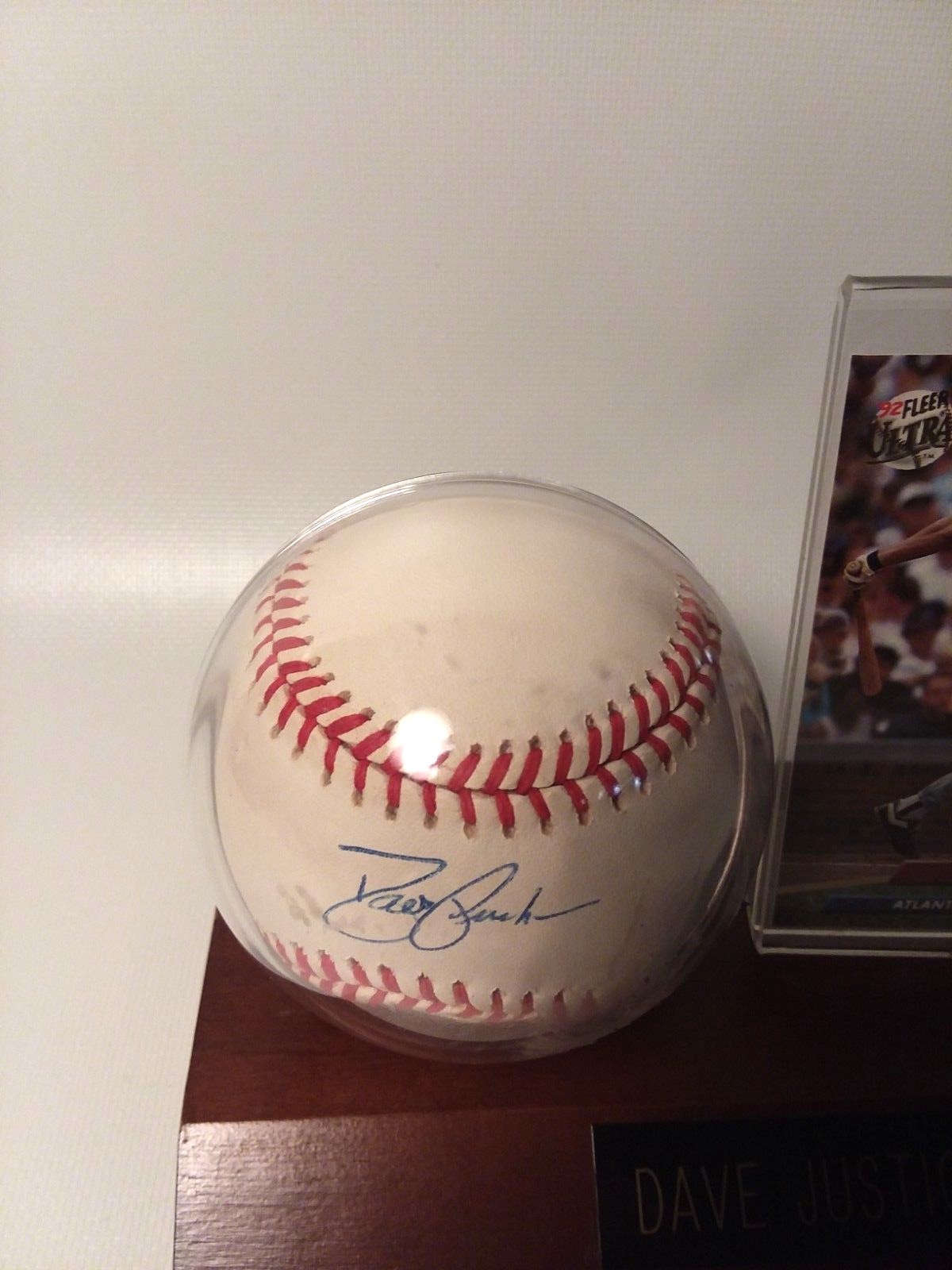 Dave Justice Sighned Baseball And  Card With Wooden Plack