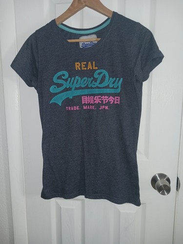 Real Superdry Womens T-shirt Large Heather Grey Pink Teal