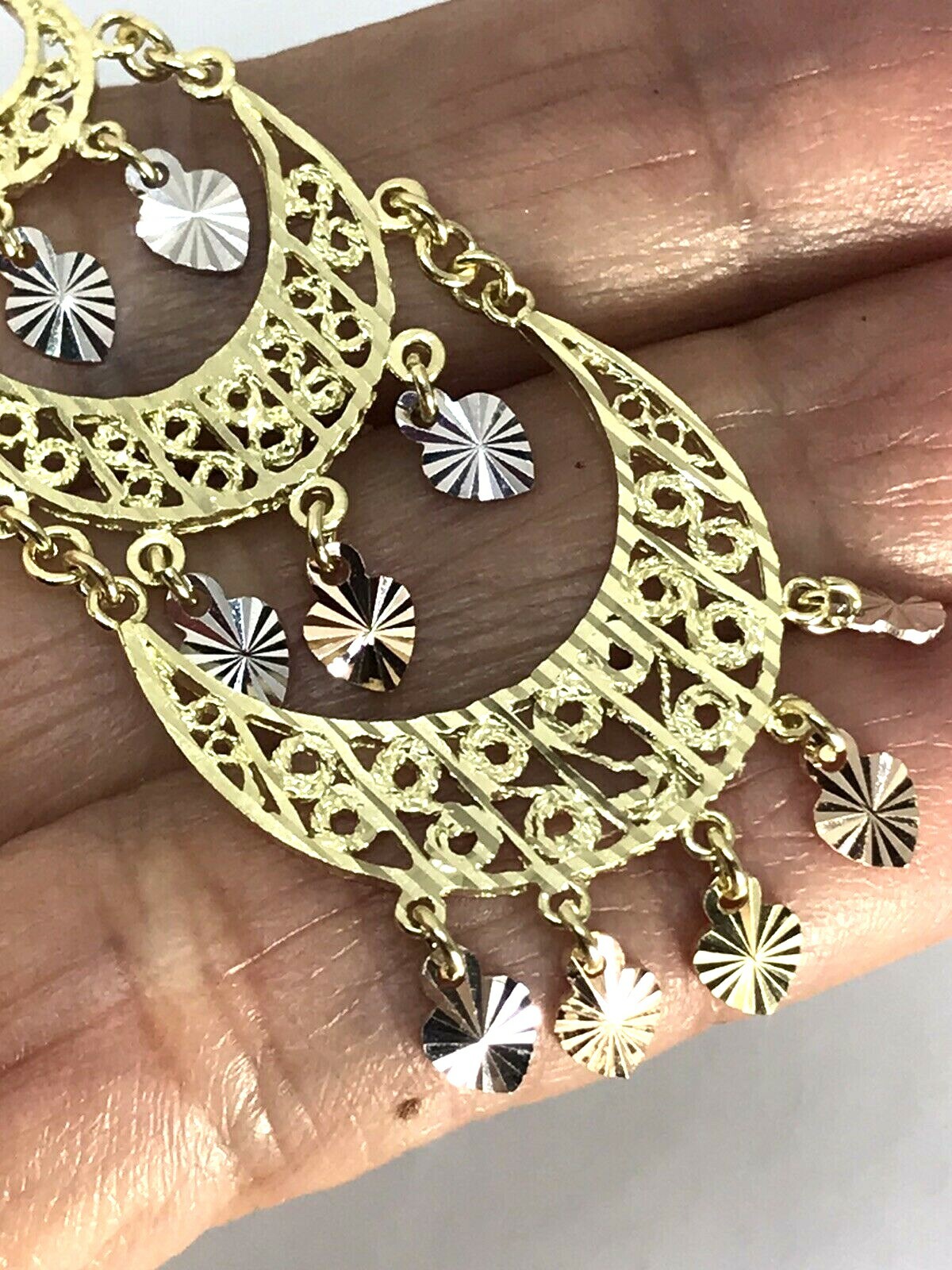 Pre-owned Handmade Gold Earring Chandelier 14k Heart Gypsy Filigree Solid Long Drop Hang 3.25" In Multicolor