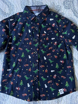 Boys Free Planet Christmas Print Dino Fire Truck Santa Button Down Shirt Size 6