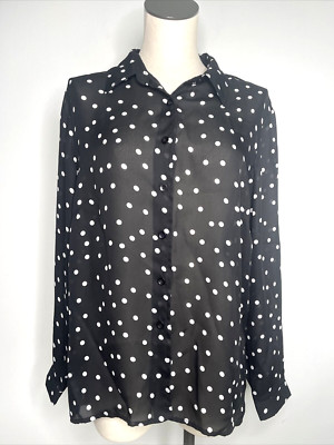 Dialogue Blouse Womens Medium Black White Polka Dot Button Down Shirt Sheer
