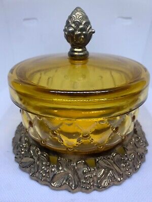 antique amber glass and metal base powder jar/box