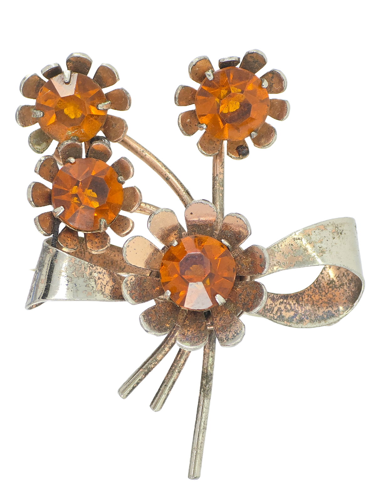 VINTAGE 50' STERLING SILVER CITRINE SIMULATED CRYSTAL FLOWER BROOCH ~ 2.25 in