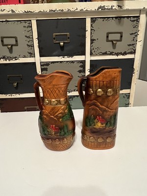Vintage Japan Set of 2 Vase & Pitcher Hand Painted Rustic Scene Embossed