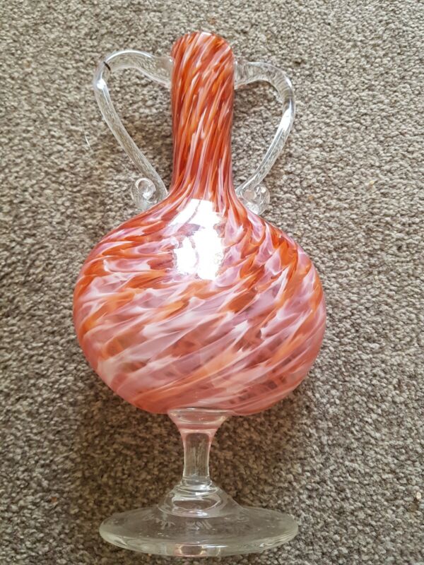 Handblown Art Glass Vase Red White Pink Confetti Swirl Pattern 2011 Signed
