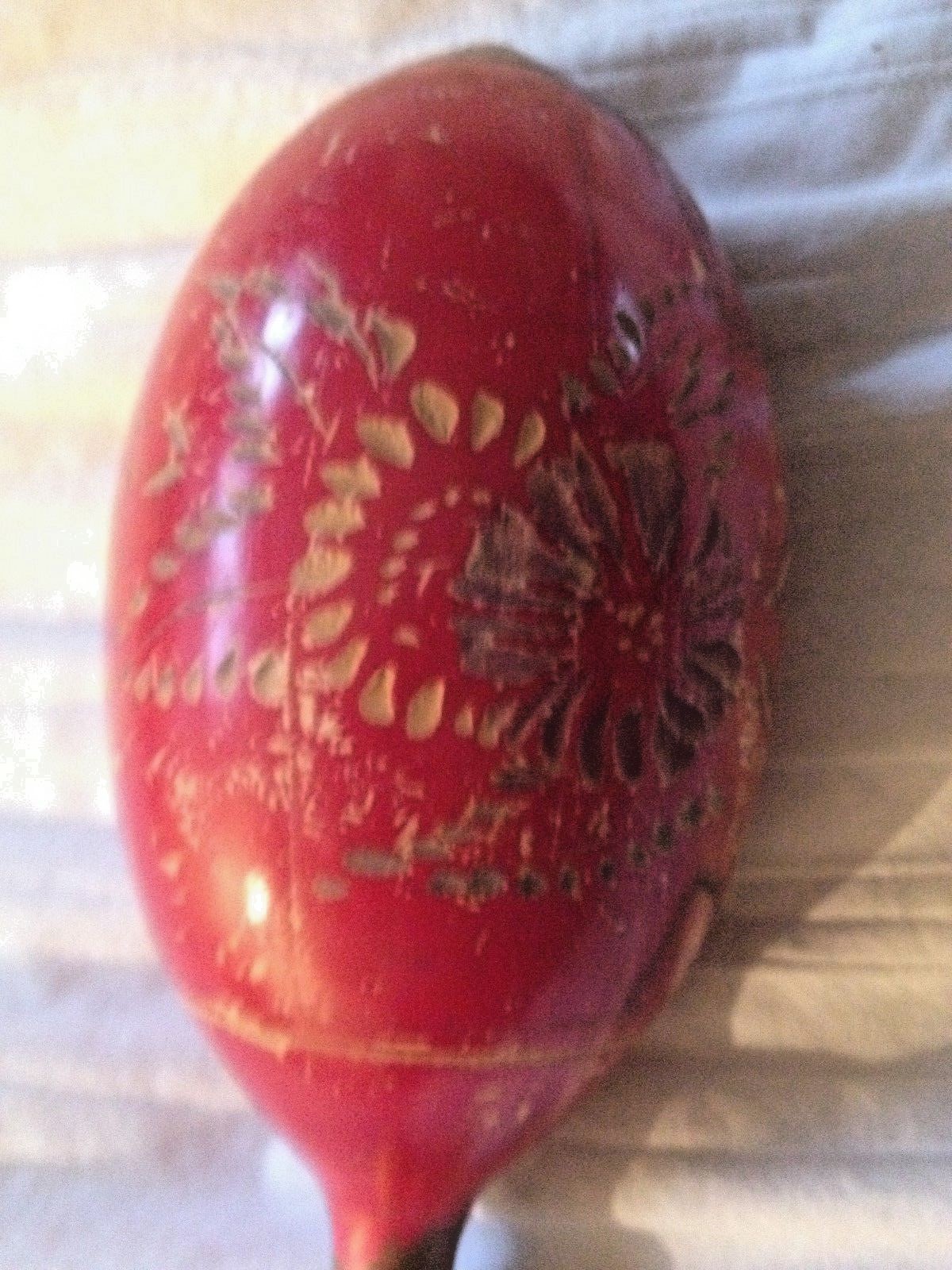 Vintage Maraca Red w/ Engraved Carved Flowers 11 3/4