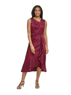 DKNY Womens Burgundy Sleeveless Midi Party Faux Wrap Dress 2