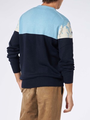 Pre-owned Mc2 Saint Barth Man Crewneck Sweater With St. Moritz Postcard Jacquard Print In Blue