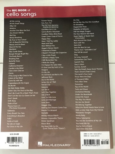 BIG BOOK OF CELLO SONGS SHEET MUSIC SONG BOOK NEW