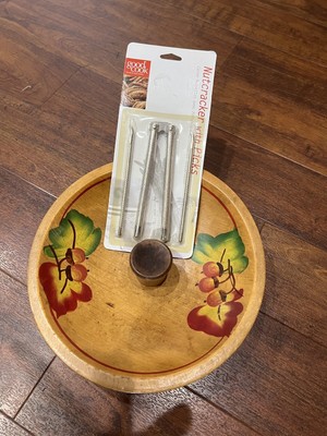 Footed Wooden Nut Bowl Hand Painted Fall Leaves With Nutcracker And 2 Nut Picks