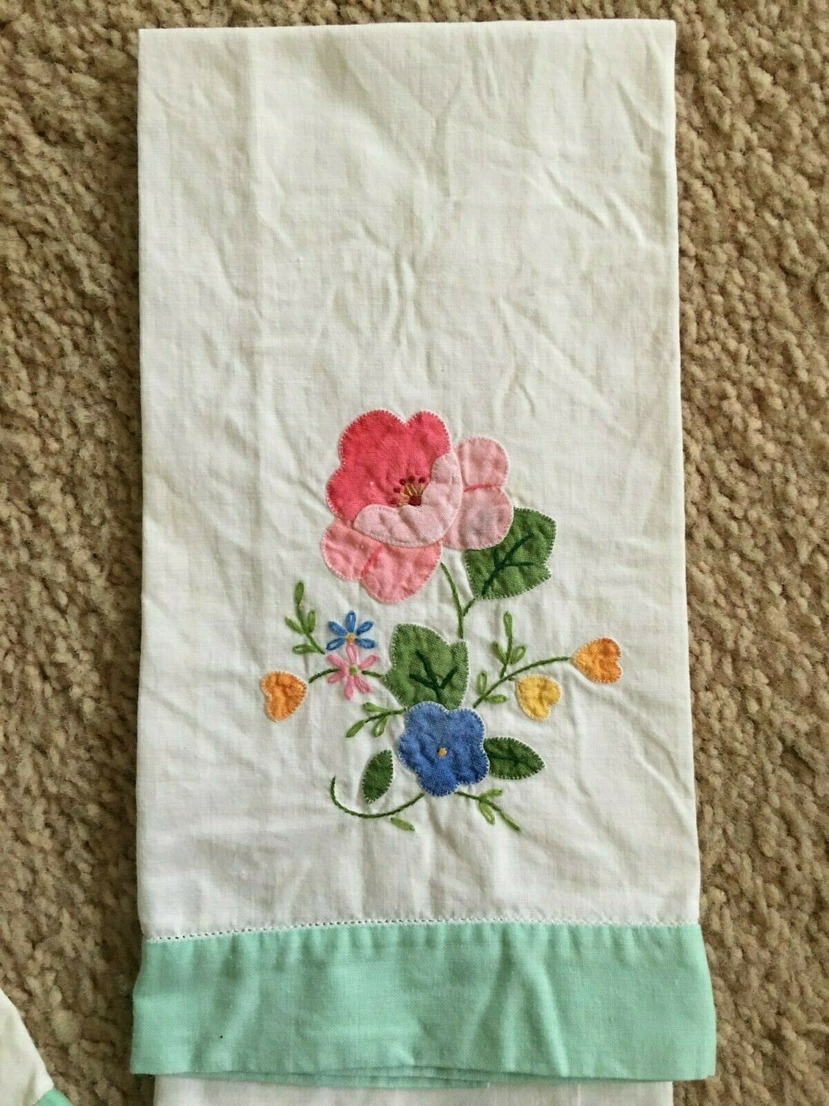 SET OF 5 VINTAGE  LINEN HAND TOWELS EMBROIDERED-APPLIQUE-CUT WORK