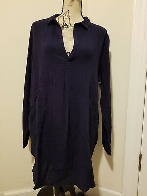 NWT PPLA Clothing Lunette Top Tunic Popover Blouse Sz Medium Navy Blue Textured