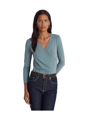 

LAUREN RALPH LAUREN Женский темно-бирюзовый топ со складками и рукавами 3/4, вырезом, Teal