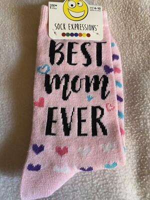 womens Best Mom Ever Crew Socks Shoe Size 4-10 Polyester New Pink