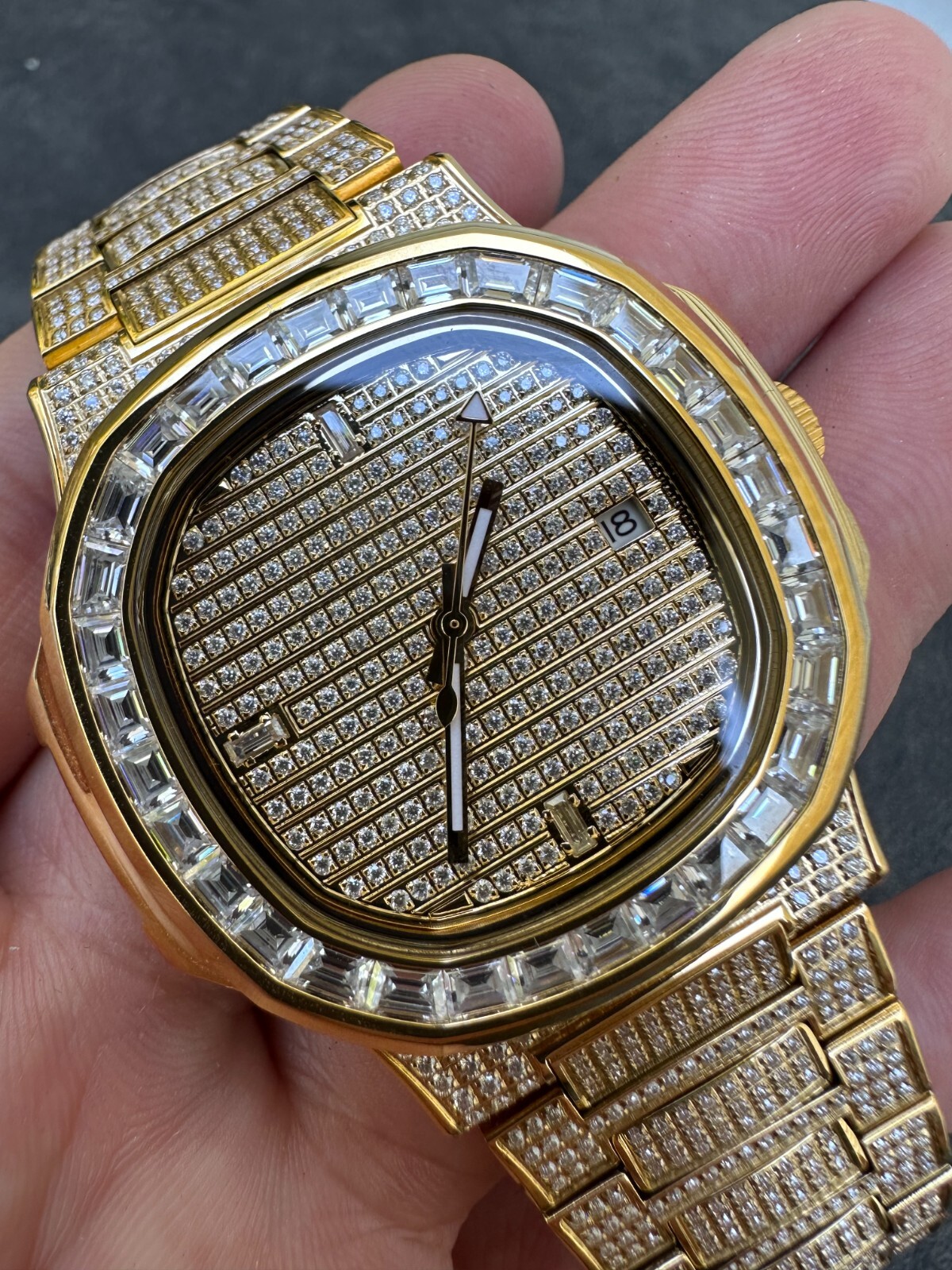 Pre-owned Real Mens Baguette 14k Gold  Moissanite Watch Iced Automatic Movement Hiphop