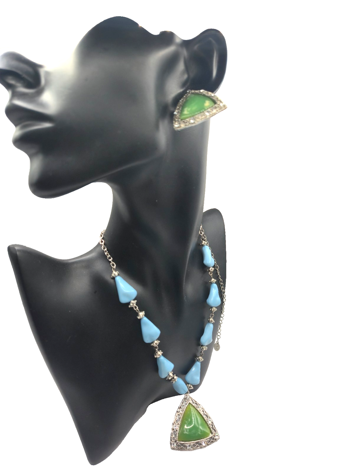 Vintage Bijoux Terner Necklace Earrings Green Blue Resin Rhinestone NOS on card