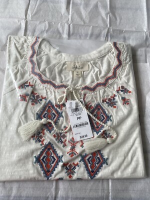 Style and Co Blouse Womens size pp Ivory red  and blue Embroidered Peasant New