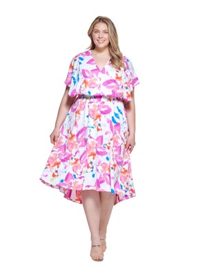 DKNY Womens Pink Pullover Lined Hi Lo Hem Flutter Sleeve Midi Dress Plus 16W