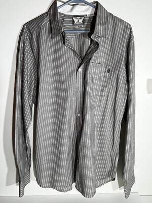 Valcom Men's Dress Shirt Long Sleeve Gray Stripe Large
