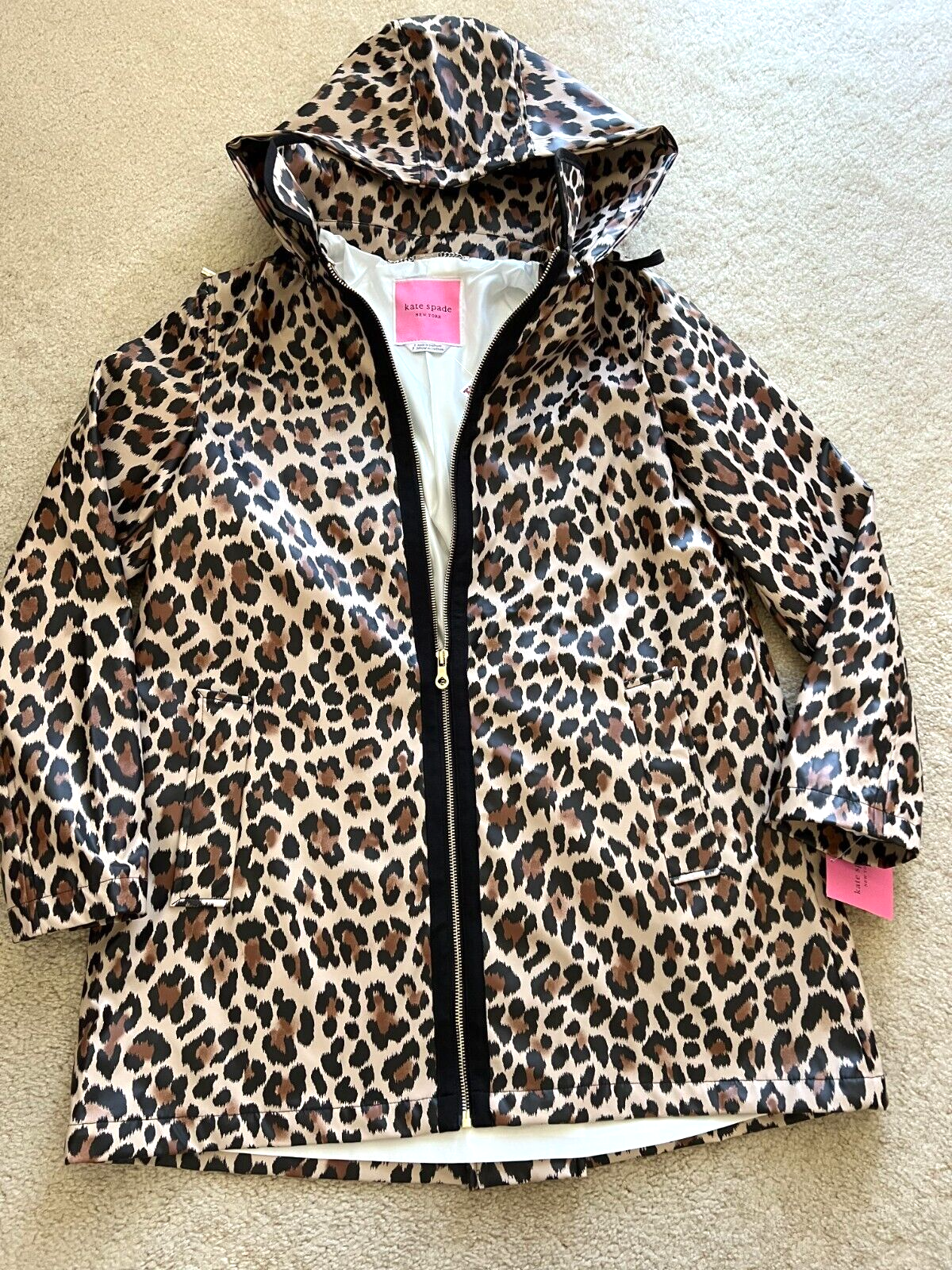 NEW NWT Kate Spade Brown Leopard A-Line Hooded Rain Jacket Coat S SMALL $248