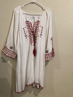 Chic Connection Women's Embroidered Midi Dress White 3/4 Sleeve -M- Boho Beachy