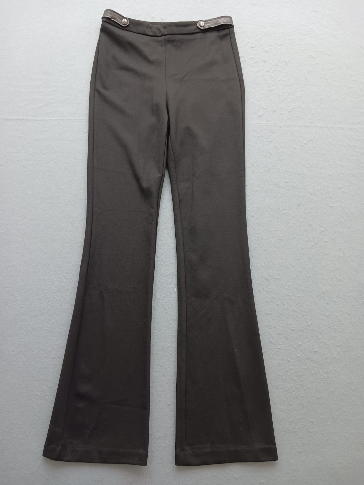Tahari Women Flare Dress Pants Size S/P Black Solid Stretch Faux Leather Trim