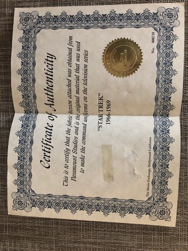 Star Trek TOS Uniform Fabric Cloth Kirk Sample with COA 1966-69 -Custom Frame