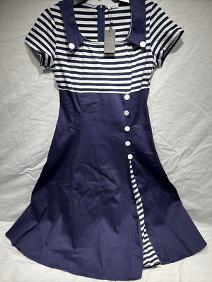 NWT AYLI dress Blue  White Stripe Fit And Flare 1950 RETRO Size XL Glamorous