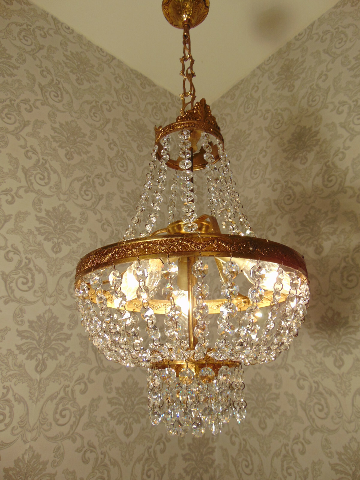 antik 3Fl  Kronleuchter Lüster Deckenlampe Bronze Gold Kristall  Barock ca.1930