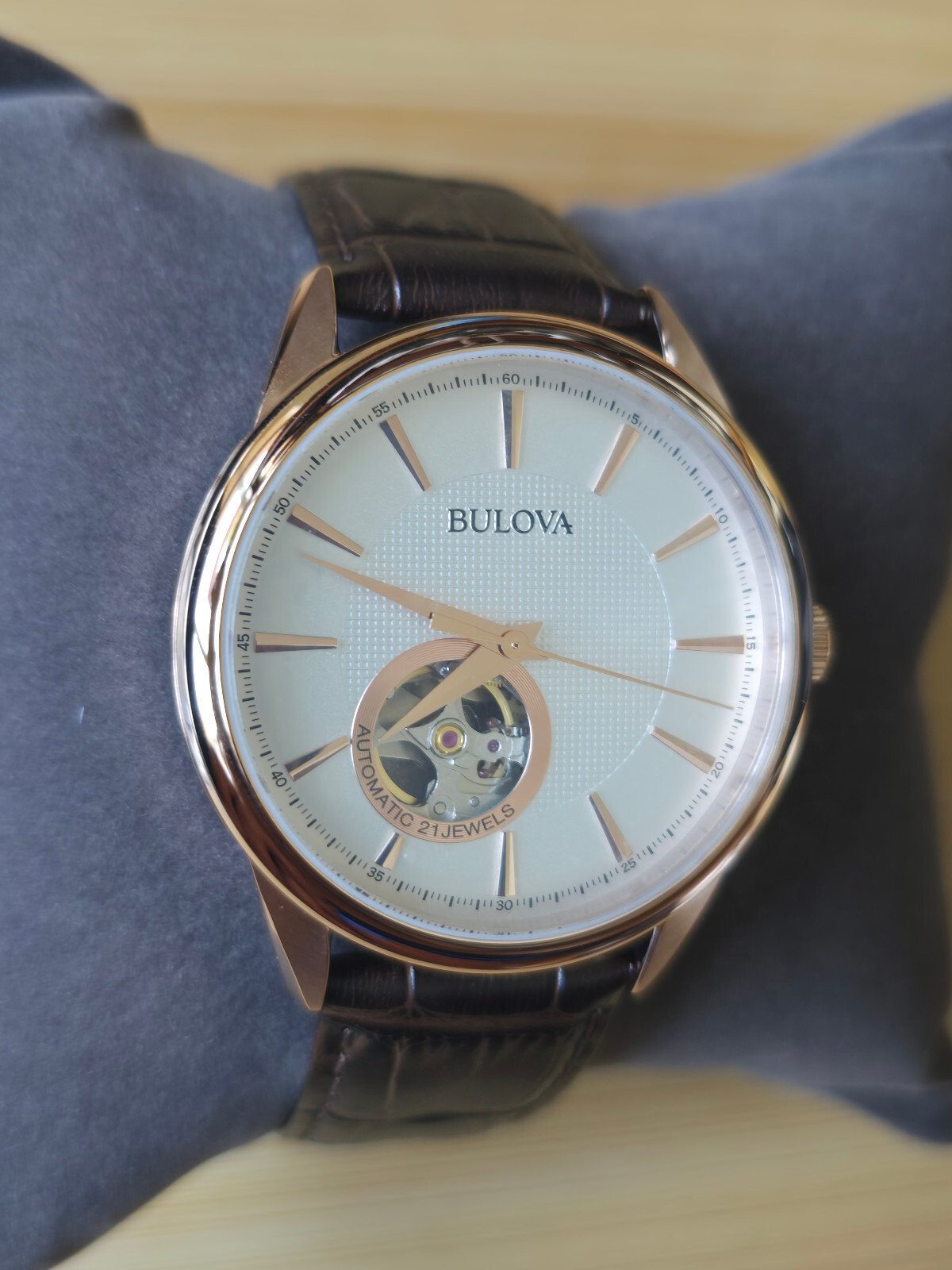 Pre-owned Bulova Automatic Men's Watch Rose Gold Tone Leather Band 97a133