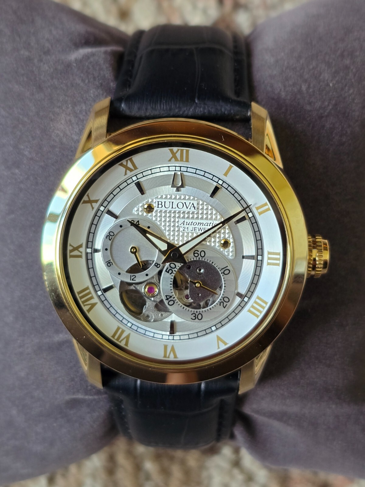 Pre-owned Bulova Men's Classic Sutton 4-hand Automatic Black Leather Watch 97a187 - 42mm