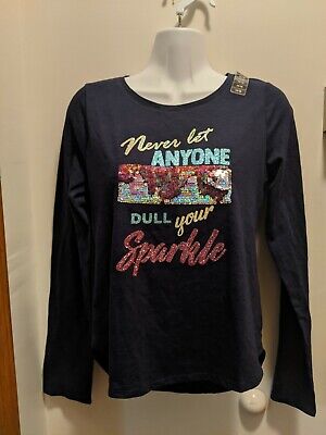 Never Let Anyone Dull Your Sparkle Girls 14/16 Blue Long Sleeved Sequined Top...