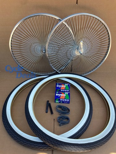 26" Chrome 140 Wheels White Wall Arrow Tires Tubes Set CRUISER LOWRIDER Bicycle