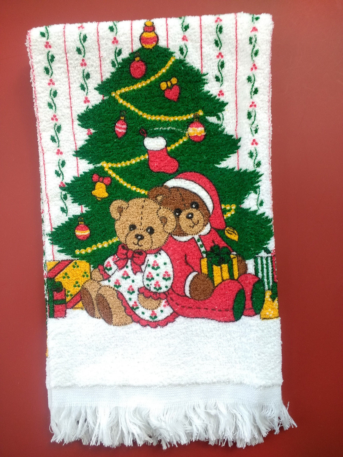 Vintage Christmas Kitchen Dish Towel Tree Teddy Bears Cannon USA 1980's NWOT