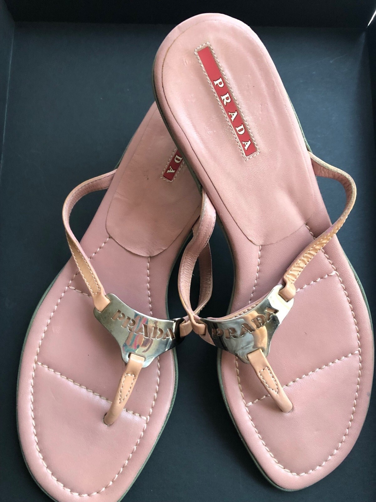 Prada Logo Buckle Leather Kitten Heel Sandals - Size 37