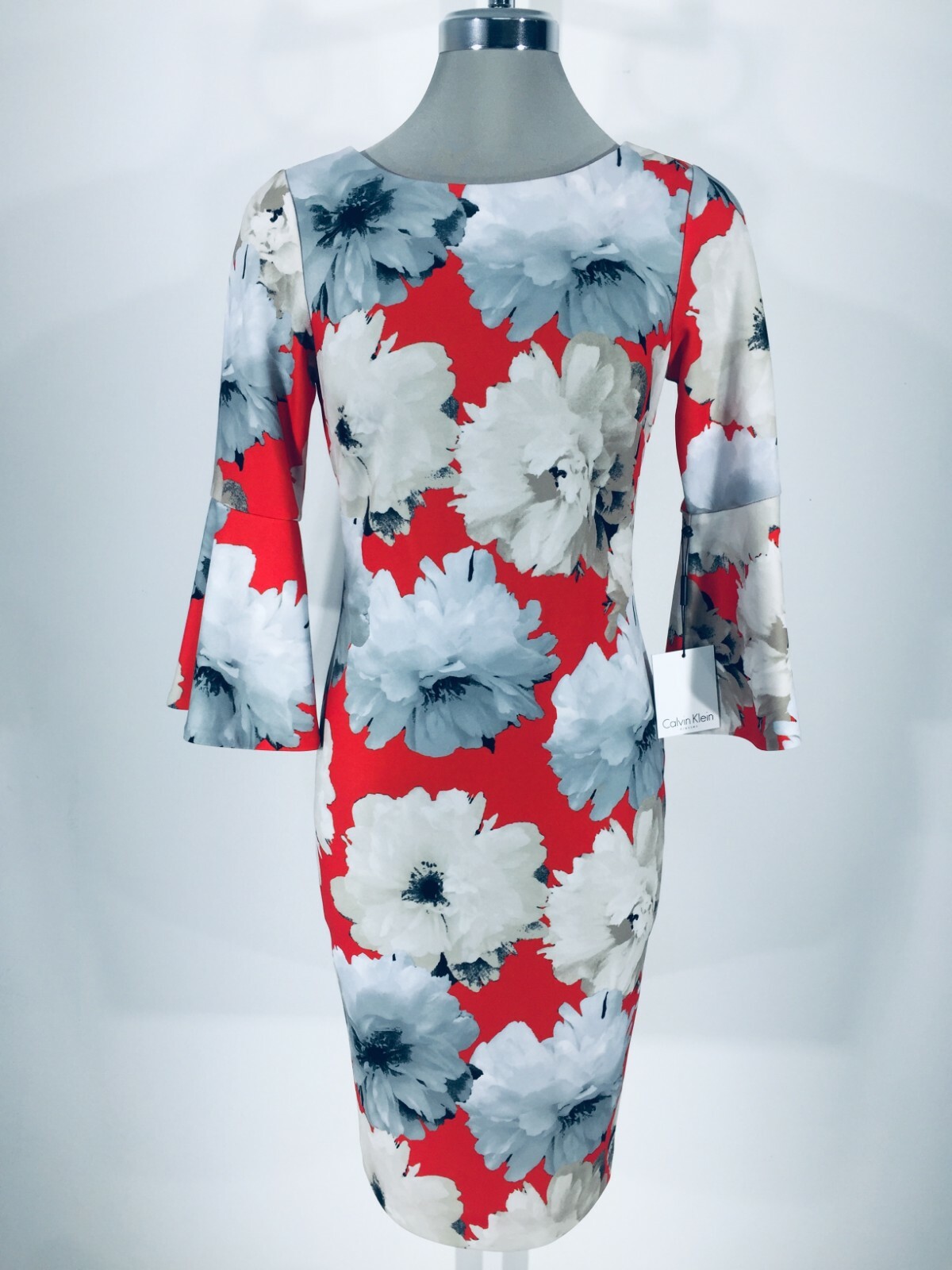 CALVIN KLEIN Новое изысканное платье-футляр из многослойного крепа с цветочным рисунком МАНДАРИНОВОГО цвета от NWT, размер 2