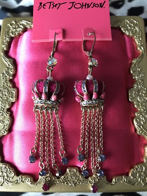 Betsey Johnson Imperial Princess Velvet Crystal Royal Crown Jewel Earrings RARE