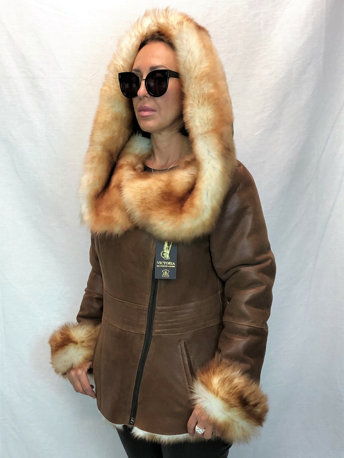 Pre-owned Victoria Real 100% Sheepskin Shearling Leather Toscana Long Hair Jacket Coat Hood Xs-7xl In Brown