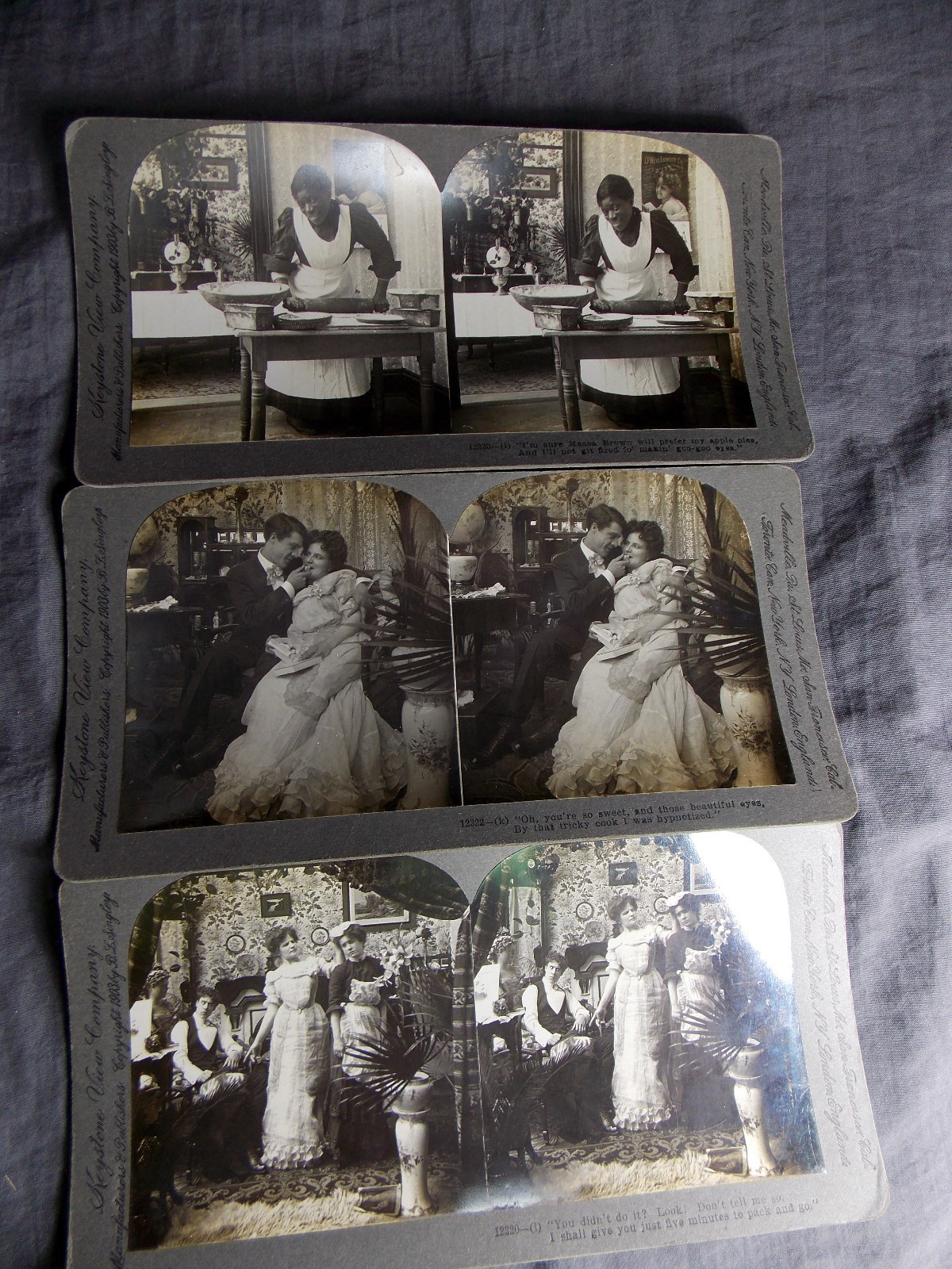 The French Cook, Antique Set of 8 Humorous Stereo View Cards, Signed Keystone