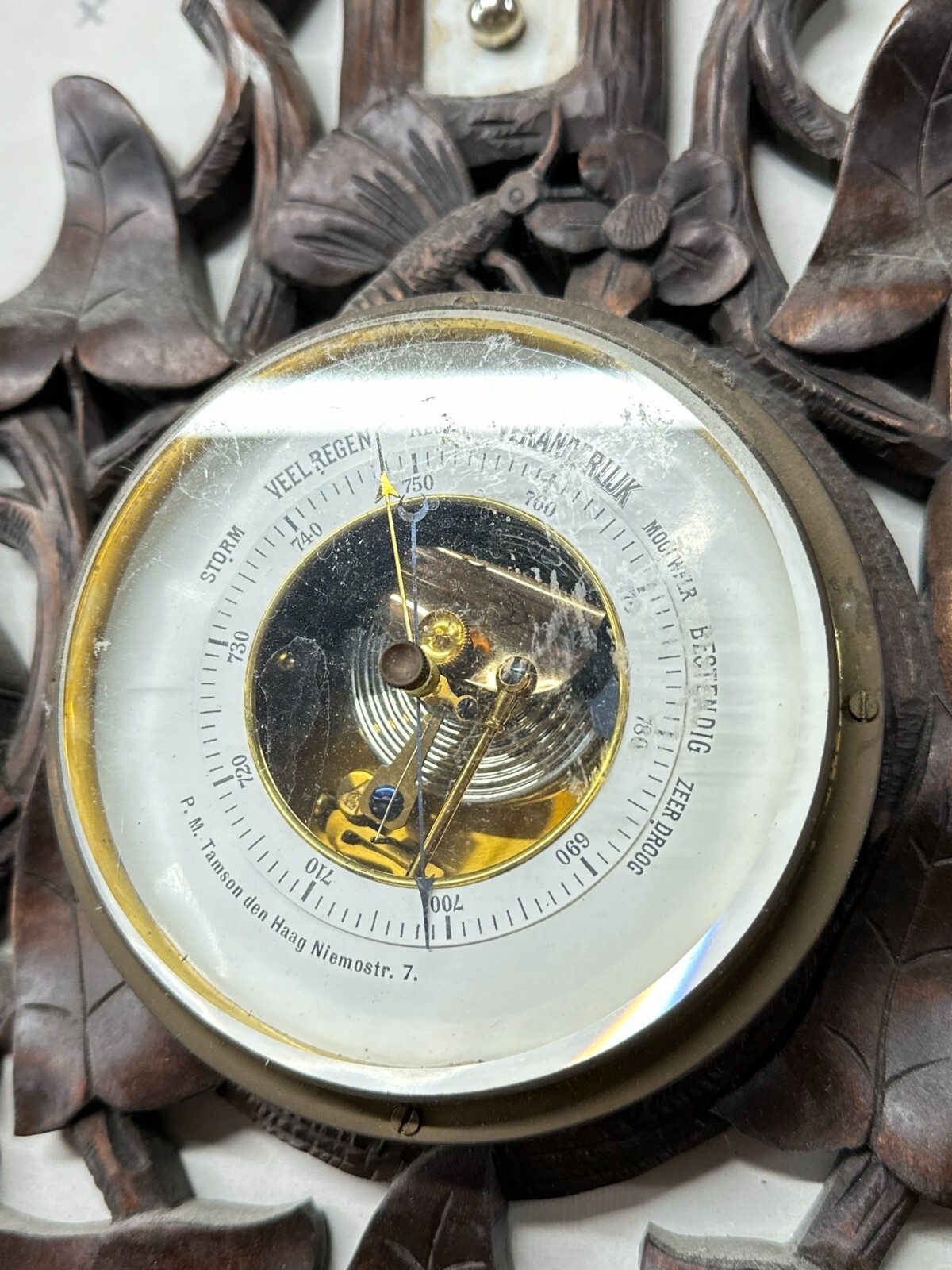 antique black forest barometer carved birds p.m  tamson ornate
