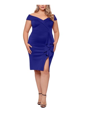 

XSCAPE Женское синее платье-футляр с рюшами в виде водопада на подкладке с короткими рукавами плюс 18 Вт, Синий