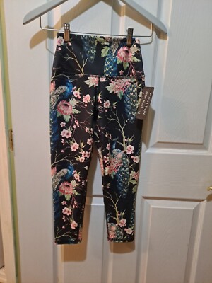 evolution and creation high waist leggings black floral peacock xs new