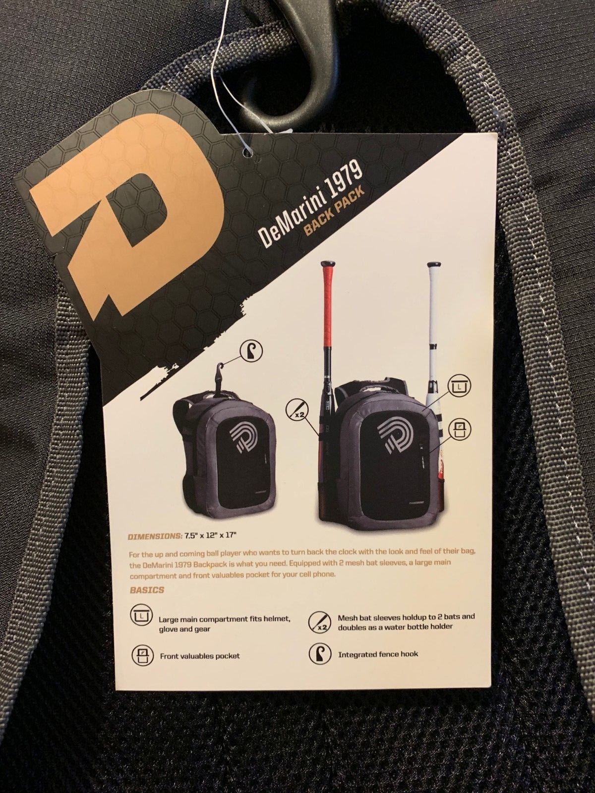 DeMarini 1979 Baseball Bat Bag Back Pack Black and Dark Gray New