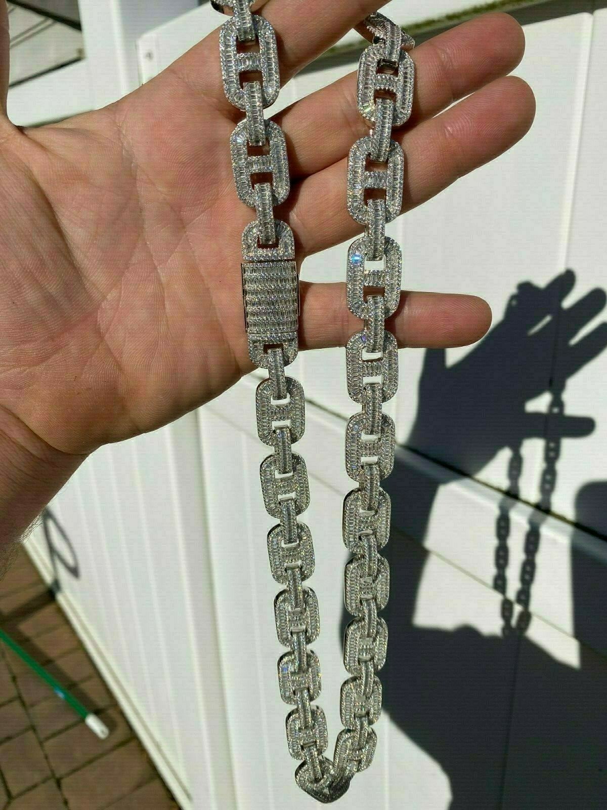 Pre-owned Silver Solid 925 Sterling  Baguette Gucci Link Chain Iced 15mm Thick Bust Down Cz In White/colorless