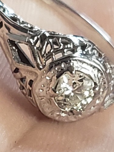 18k White Gold Art Deco 1910c European Cut 1/2 CTW Solataire Diamond Ring Size 6