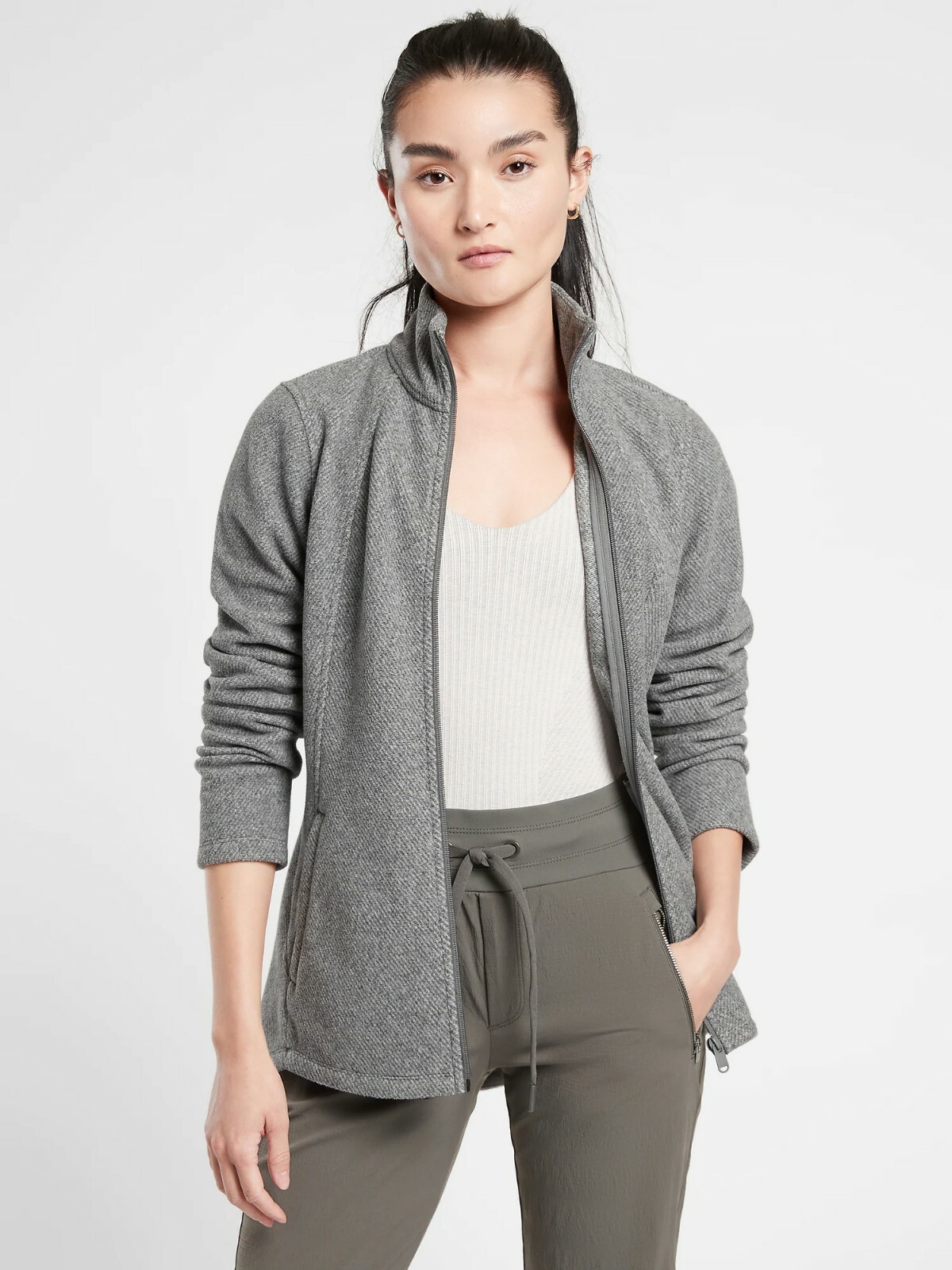 NWOT Athleta Stroll Fleece Full Zip Jacket, Egret Grey SIZE S