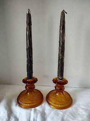 Vintage Indiana Glass Amber Tiara Candlestick Pair Set of 2 w/Candles