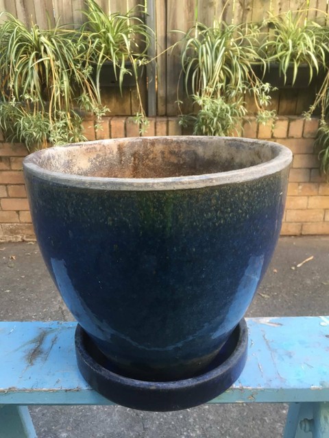 Large blue glazed ceramic pot with matching saucer. | Pots ...